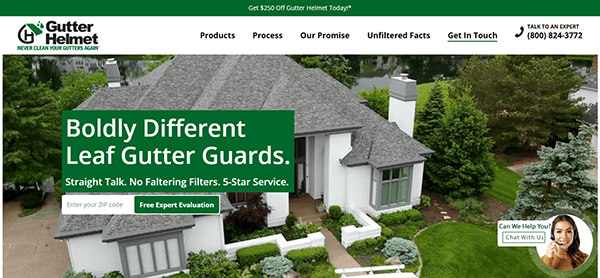 Screenshot of a website for Gutter Helmet, showcasing the best gutter installer services with fitted leaf gutter guards. Includes bold text, a promo code box, and contact information for a free evaluation from one of the top gutter installer websites.