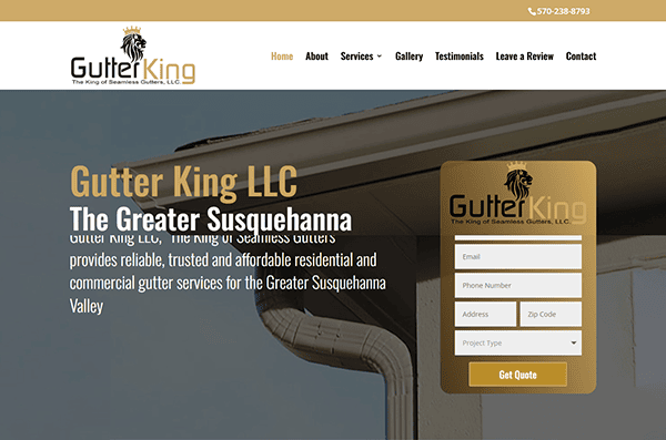 Welcome to Gutter King LLC, your go-to expert in the Greater Susquehanna Valley. As one of the best gutter installers, our homepage features our logo, contact number, and an easy form for all your gutter service needs. Explore a view of impeccable house gutters and connect with us today!.