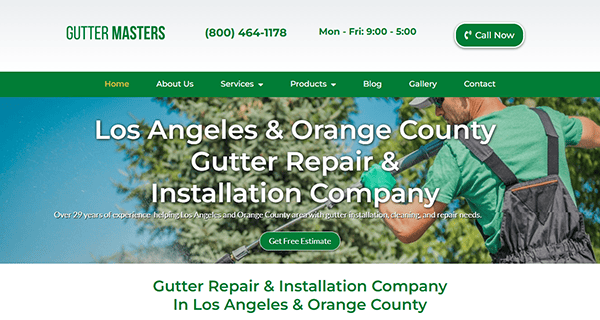 Explore the Gutter Masters website, showcasing services and contact info. Check out a photo of our best gutter cleaner in their signature greenery attire. The header highlights our locations in Los Angeles and Orange County—your go-to for all gutter cleaning needs.
