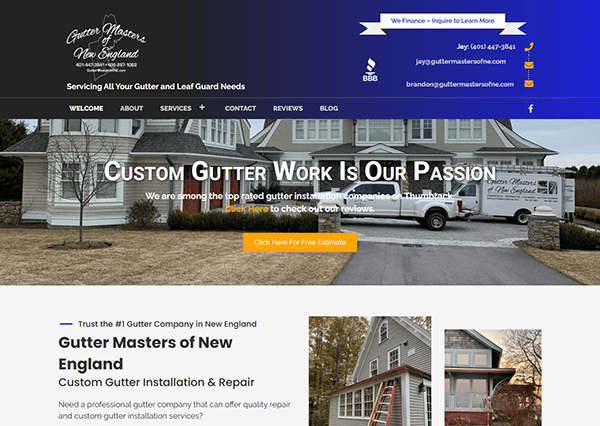Screenshot of a website homepage for the best gutter installer, showcasing a house with sleek gutters. Featuring contact information and a call-to-action button for a free estimate, this site reflects professionalism and expertise in gutter installation.