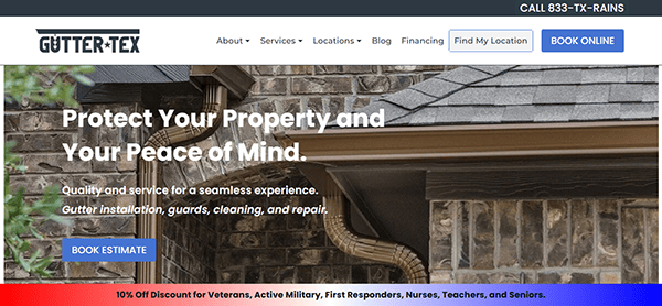 The Gutter-Tex homepage showcases our expert gutter installation and repair services. As the best gutter installer, we offer exclusive deals and easy contact options to meet all your needs.