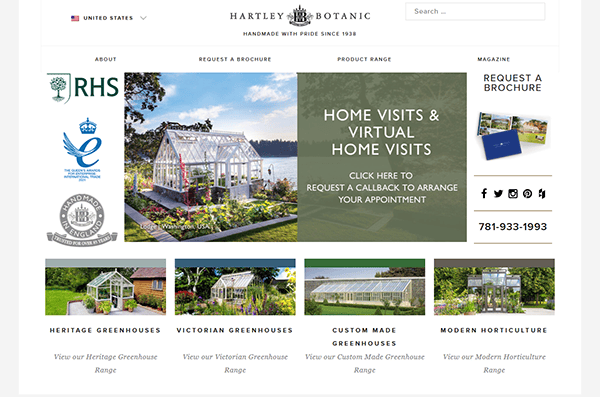 Discover our homepage featuring Hartley Botanic greenhouses, a prime example of the best greenhouse designs available. Explore navigation links, contact details, and stunning greenhouse images with descriptions to guide your perfect choice among leading greenhouse websites.