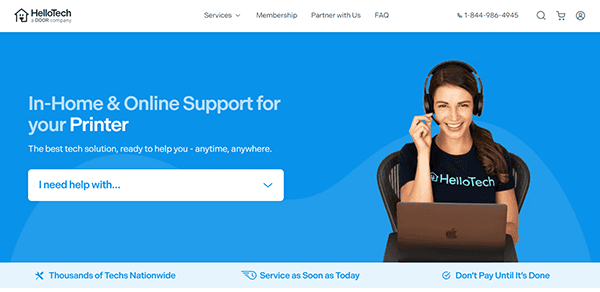 Woman in headset smiling, using a laptop. Text reads: "In-Home & Online Support for your Printer." Options include nationwide tech help and services as soon as today. Discover the best solutions for computer repair and printer issues right at home or online.