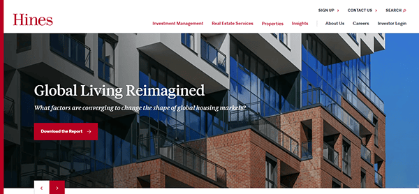 A sophisticated homepage for modern apartment buildings, featuring "Global Living Reimagined," a "Download the Report" button, and top navigation links. Perfectly crafted for those exploring Commercial Real Estate Websites.