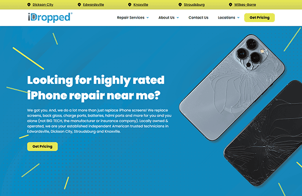 The iDropped homepage showcases top-notch iPhone repair services, featuring an eye-catching image of a cracked screen. Discover local options for swift repairs, and explore our expertise that rivals the best computer repair websites in providing fast and reliable service.