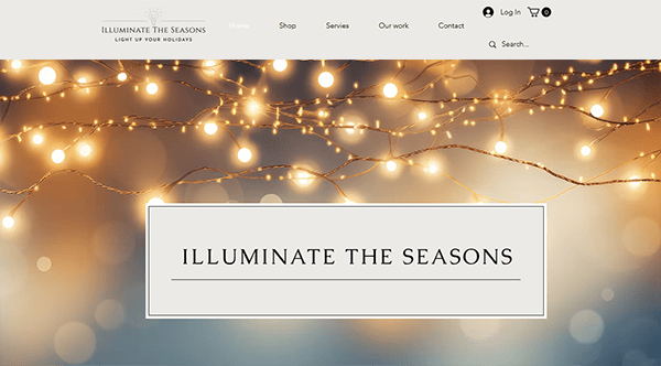 Welcome to the "Illuminate The Seasons" homepage, where our exquisite Holiday Light Installation transforms your surroundings. Delight in our glowing string lights and explore navigation links under a twinkling sky, showcasing the best holiday lights you can find online.