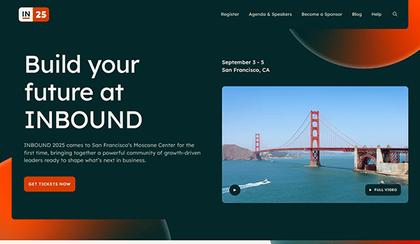 Promotional graphic for INBOUND 2025 in San Francisco, showcasing the best conference with views of the Golden Gate Bridge. Join us from September 3-5 and experience top-notch organization through our sleek conference website.