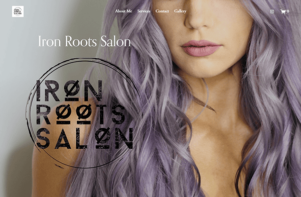 A woman with long, wavy lavender hair and pink lipstick graces the right side, exuding style. "Iron Roots Salon" text and logo are elegantly overlaid on the left. Explore one of the best hair stylist websites via the menu at the top.