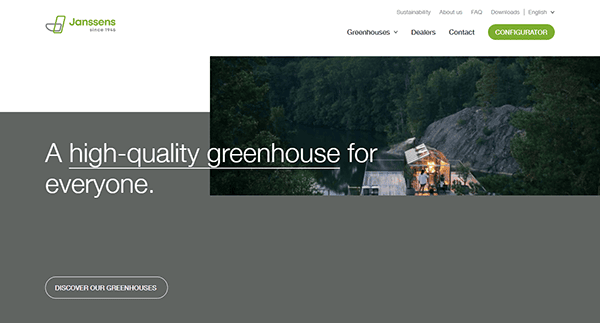 Website screenshot featuring a greenhouse on a wooden deck by a lake. Text reads, "A high-quality greenhouse for everyone." Discover why it's among the top greenhouse sites. Navigation options are visible at the top.