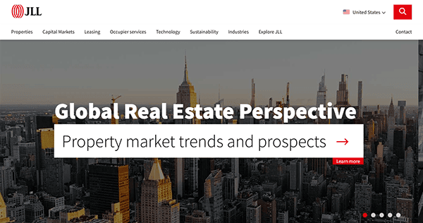 Website homepage with skyline image, JLL logo, and menu. Text reads "Global Real Estate Perspective: Discover the best commercial real estate market trends and prospects.