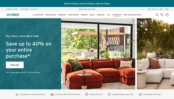 Discover our website homepage featuring a stunning living room set with a red sectional sofa in a modern interior. As one of the best furniture websites, we're offering up to 40% off your purchase. Don't miss out on this exclusive sale!.
