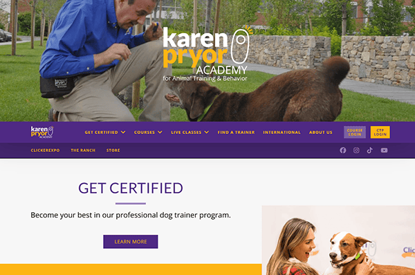 A man in a blue shirt is training his dog in a grassy area, with text promoting the Karen Pryor Academy as one of the best dog training websites for animal training and behavior.