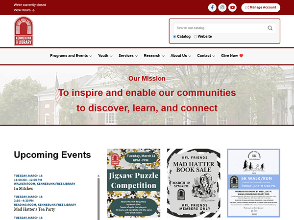 Screenshot of a library website showing upcoming events, including a Jigsaw Puzzle Competition, Mad Hatter Book Sale, and SK Walk/Run, with links to programs and account management.