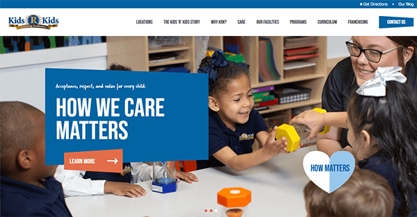 Children seated at a table engaging with a teacher, playing with colorful educational toys. The banner reads "How We Care Matters," capturing the essence of one of the best daycare websites. Click "Learn More" to explore our approach.