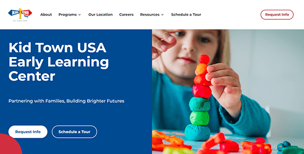 At Kid Town USA Early Learning Center's homepage, discover why it's among the best daycare websites. See a child joyfully molding colorful clay, and easily explore with our navigation menu to request info or schedule a tour.