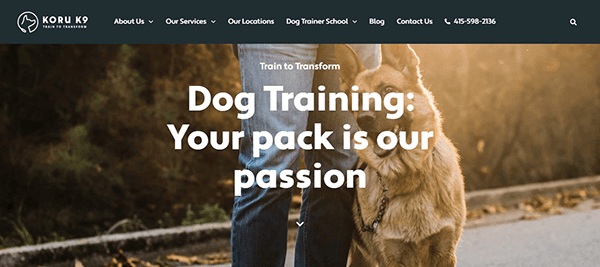 A person stands beside a German Shepherd on one of the best dog training websites, Koru K9, with the tagline "Dog Training: Your pack is our passion" displayed prominently.