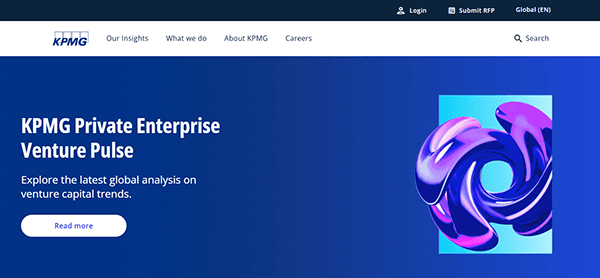 Discover KPMG's "Private Enterprise Venture Pulse" page, featuring a swirl design graphic. Navigate easily with top links to insights, company info, and career options. Recognized among the best CPA websites of 2023 for its sleek design and comprehensive resources.