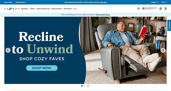 A person relaxes in a reclining chair, reading a red book. The image features a text overlay promoting the best furniture favorites from a store, perfect for your next cozy corner.