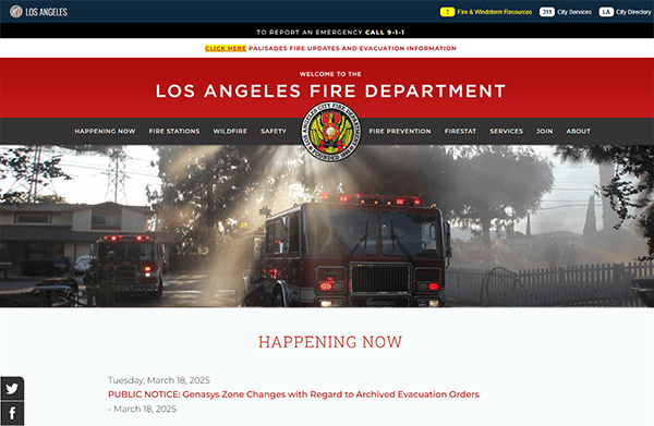 A screenshot of the Los Angeles Fire Department website, one of the best fire department websites, showcases firetrucks alongside recent public announcements and evacuation orders.