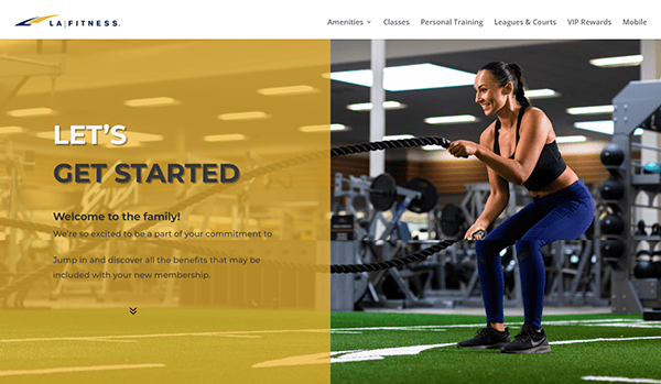 A woman exercises with battle ropes in a gym, where text on the left promotes a gym membership with phrases like "Let's Get Started" and "Welcome to the family!" Discover how our top-tier facilities are lauded as one of the best gym websites around.