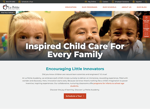 Three children smiling in a classroom setting, the epitome of joy and curiosity. Text overlays highlight La Petite Academy's daycare services, emphasizing innovation and discovery for the best learning experience. Visit our website to learn more.