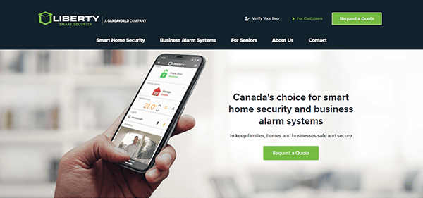 The Liberty Smart Security home page features a sleek smartphone app for your home security needs. Easily navigate through one of the best home security websites, and click the call-to-action button to request a quote today.