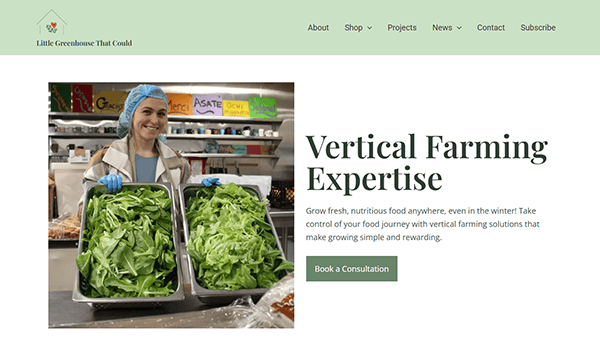 A person in a greenhouse design holds two trays of leafy greens, showcasing vertical farming expertise. Text reads: "Best Greenhouse Consulting. Book a Consultation.