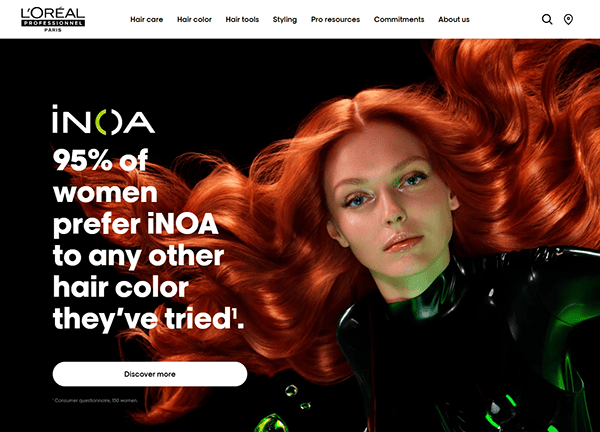 A woman with long red hair graces a L'Oréal iNOA ad, endorsed by top hair stylists. Text states: "95% of women prefer iNOA to any other hair color they've tried.