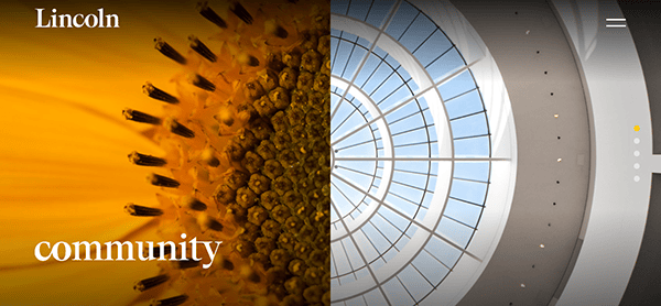 A dynamic split image showcases a sunflower close-up on the left and a circular skylight on the right. Adorned with "Lincoln" and "community" in white text, this design captures the essence of nature meeting architecture, echoing themes found on top real estate websites.