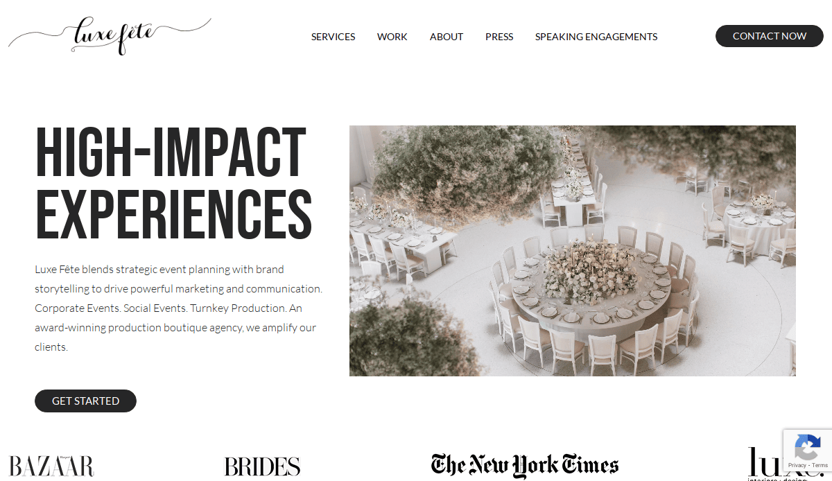 A webpage for Luxe Fête, one of the best event planners, features a circular outdoor event setup with round tables and floral centerpieces, bold text reading High-Impact Experiences, and details about their expert event planning services.