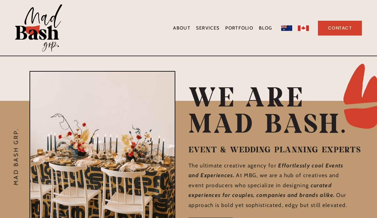 A stylishly set dining table with black and gold chairs, floral centerpieces, and modern tableware is shown beside bold text introducing Mad Bash—one of the best event planners featured on top event planners websites.