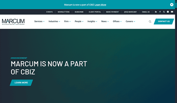 Website screenshot with a banner announcement reading "Marcum is now a part of CBIZ" and a "Learn More" button. The navigation menu includes options like Services, Industries, and Careers, reflecting the design excellence seen in top CPA sites.