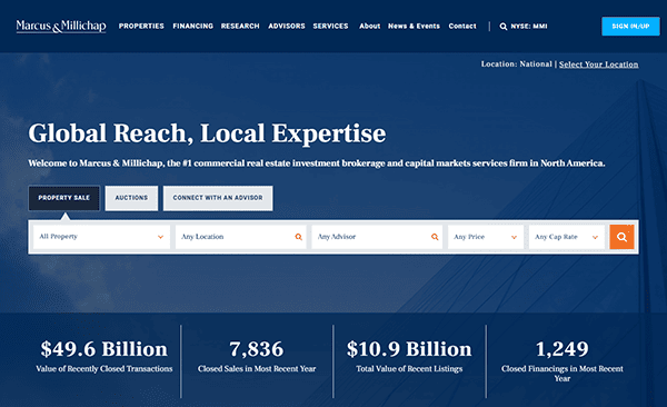 Discover the Marcus & Millichap homepage, where our seamless navigation menu guides you through our commercial real estate insights. Explore our company tagline alongside impressive financial statistics, including closed sales and total value of recent listings.