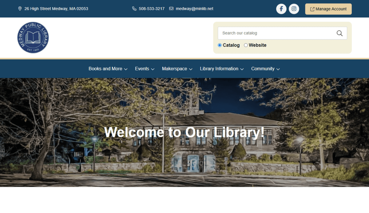The Medway Public Library website homepage features intuitive navigation menus, a warm welcome message, sections for the library catalog, museum passes, upcoming events, and a "Newest Arrivals" section showcasing vibrant book covers.