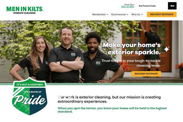 Three people in matching black shirts stand smiling outside a house. Text reads: "Make your home's exterior sparkle. Trust the job to the best gutter cleaner for all your tough-to-tackle cleaning needs.