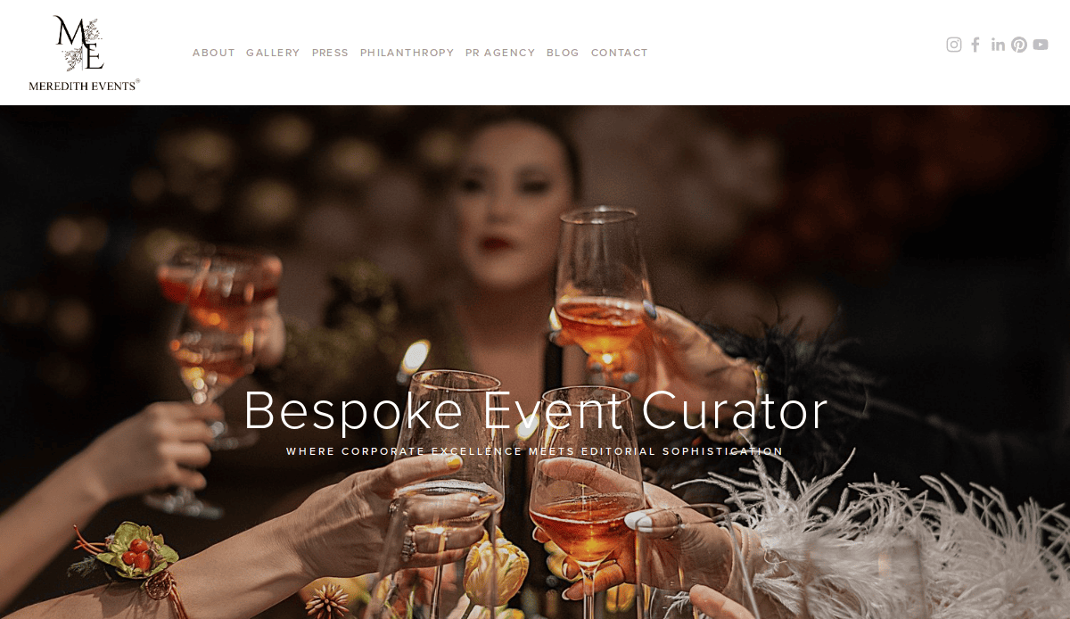 A group of people in elegant attire raise glasses for a toast at a festive event, with the text “Bespoke Event Curator” and “Where corporate excellence meets editorial sophistication” overlaying this standout events site image.
