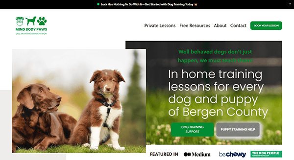 Two dogs sit on grass next to text promoting the best dog training lessons in Bergen County. Various menu options and logos, including "Mind Body Paws," highlight top-notch services from premier dog training websites.