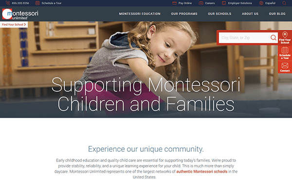 A young girl engages with educational materials at a table, shown on one of the best daycare websites. This Montessori school site exemplifies support for children and families through inspired learning environments.