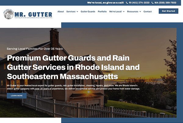 The website screenshot for Mr. Gutter vividly showcases their services across Rhode Island and Massachusetts, with a stunning sunset backdrop highlighting a well-maintained house. As one of the best gutter installers in the region, Mr. Gutter ensures top-notch quality and customer satisfaction.