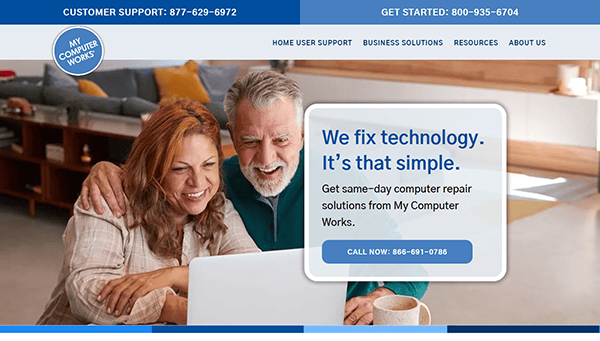 Smiling elderly couple using a laptop at home. Text overlay: "We fix technology. It’s that simple. Discover the best computer repair solutions from My Computer Works." Call now: 886-691-0786 for same-day service.