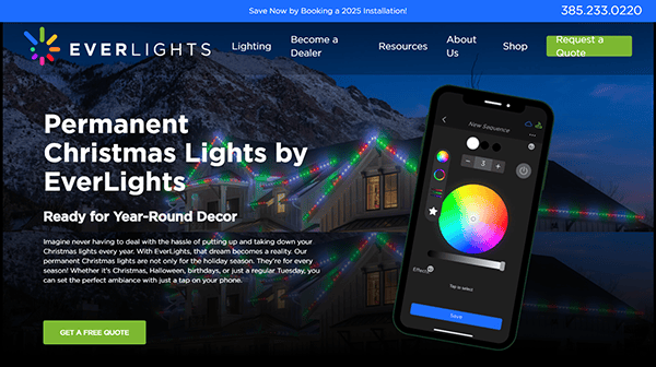 Welcome to EverLights, your destination for the best holiday lights with permanent Christmas charm. Our homepage showcases stunning installations and a user-friendly mobile app for color customization. Click "Get a Free Quote" and let us light up your home with effortless elegance.