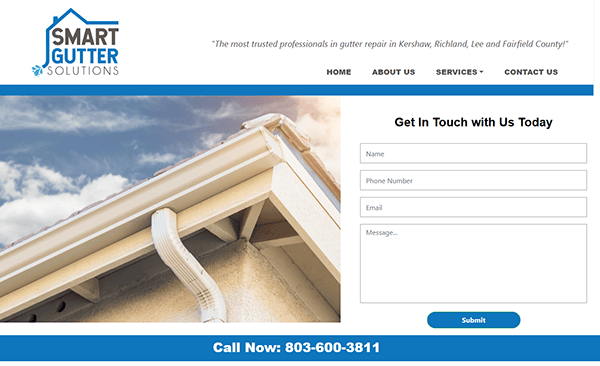 Explore the best gutter installer website for Smart Gutter Solutions. Discover a sleek design featuring a house roof with precision-installed gutters, our company logo, and easy-access contact form. Reach out to us directly through the displayed phone number for all inquiries.