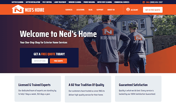 Welcome to Ned's Home! Our homepage highlights our top-notch exterior home services, featuring an engaging image of our team in action. Discover why we are among the best gutter installers, with expertise, quality assurance, and total satisfaction. Get your free quote today!.