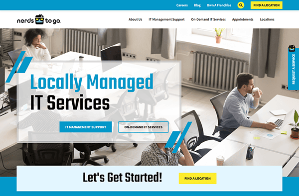 Office scene with people working at desks. Text reads "Locally Managed IT Services" with buttons for IT management support and on-demand IT services. Explore the best websites for seamless integration of computer repair and management solutions, all branded to perfection.
