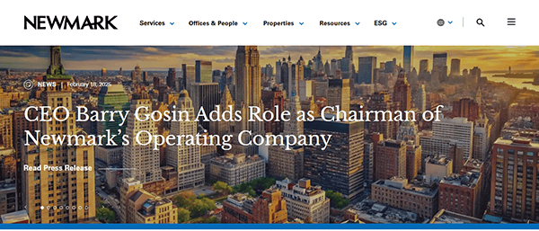 Aerial view of a city skyline with the Newmark website header text, "CEO Barry Gosin Adds Role as Chairman of Newmark's Operating Company," dated February 16, 2023. Discover the best insights on commercial real estate through leading real estate websites like Newmark's.