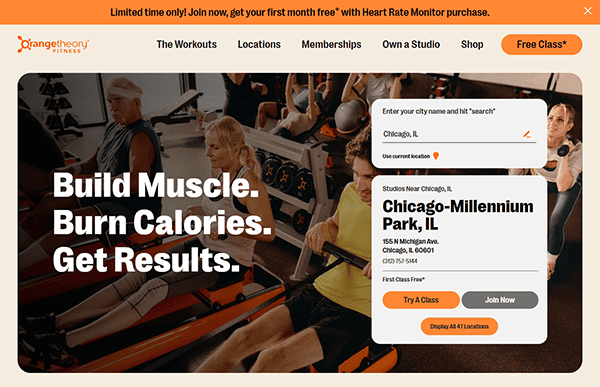 Orangetheory Fitness ranks among the best gym websites, showcasing classes designed to build muscle and burn calories. Easily find a location near you and enjoy a promotional offer of a free heart rate monitor with your first month's membership.