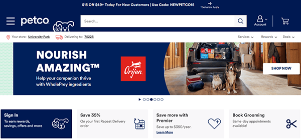 Petco website homepage showcases a banner promoting Orijen pet food. Top navigation includes account options, delivery info, and location. Offers feature savings, Premier, and booking grooming services alongside links to the best dog training websites.