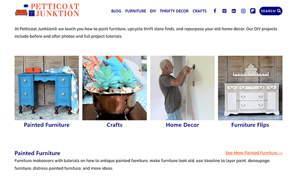 Website screenshot of Petticoat Junktion showcasing sections for Painted Furniture, Crafts, Home Decor, and Furniture Flips with images and brief descriptions, making it one of the best furniture refinishing sites to explore creative projects.