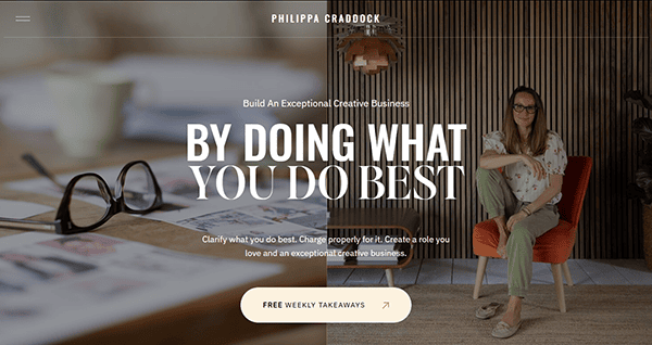 The website homepage highlights a woman sitting on a chair, emphasizing creative business development for florist websites. Discover strategies with our "FREE WEEKLY TAKEAWAYS" button to become the best florist and improve your Florist SEO.