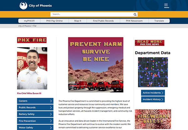 Explore the City of Phoenix Fire Department webpage, a shining example of one of the best fire department websites. Meet your fire chief, access vital department data, and stay informed with essential fire safety messages.